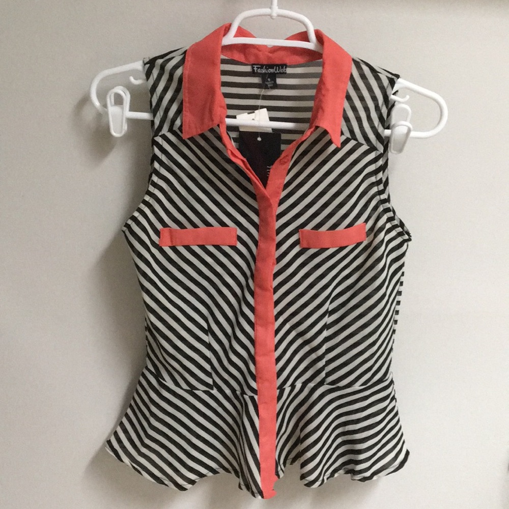 Shaped Button-Up Peplum Tank Blouse w/Melon Detail